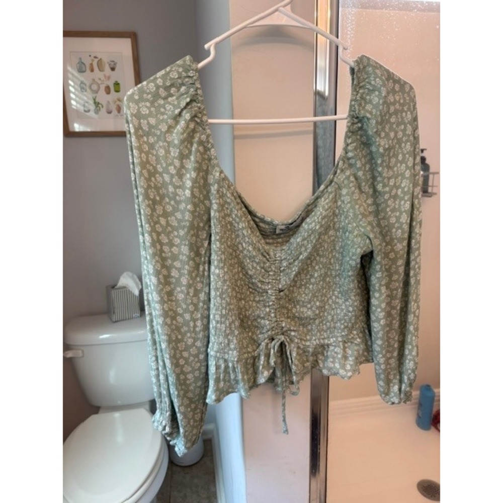 Hollister Womens Sage Green Floral Smocked Long Sleeve Ruffle Blouse Large